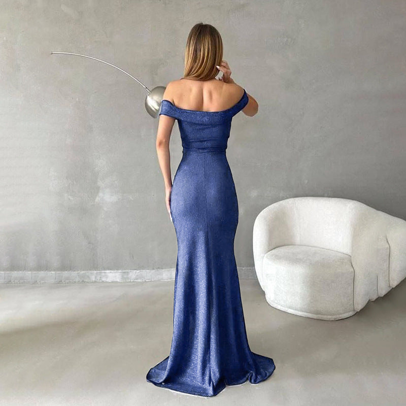 Damen schulterfreies Maxikleid mit elegantem Schlitz und glitzerndem Stoff R&B