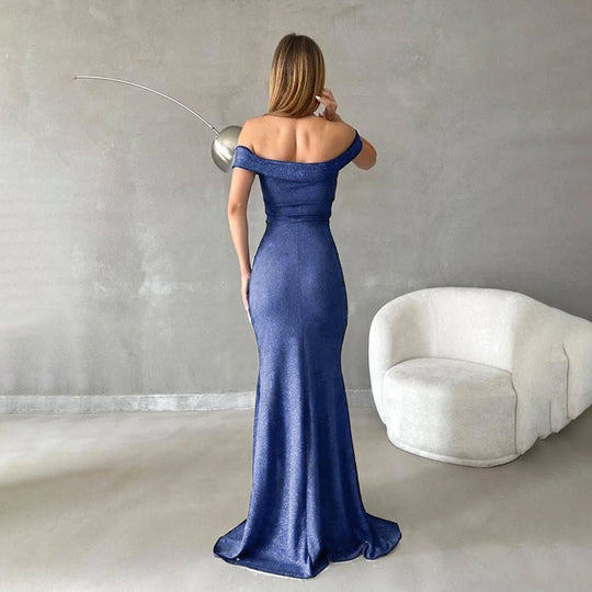 Damen schulterfreies Maxikleid mit elegantem Schlitz und glitzerndem Stoff R&B