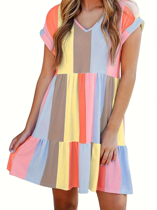 Damen lässiges Sommerkleid im modernen Streifendesign mit V-Ausschnitt und Volant R&B
