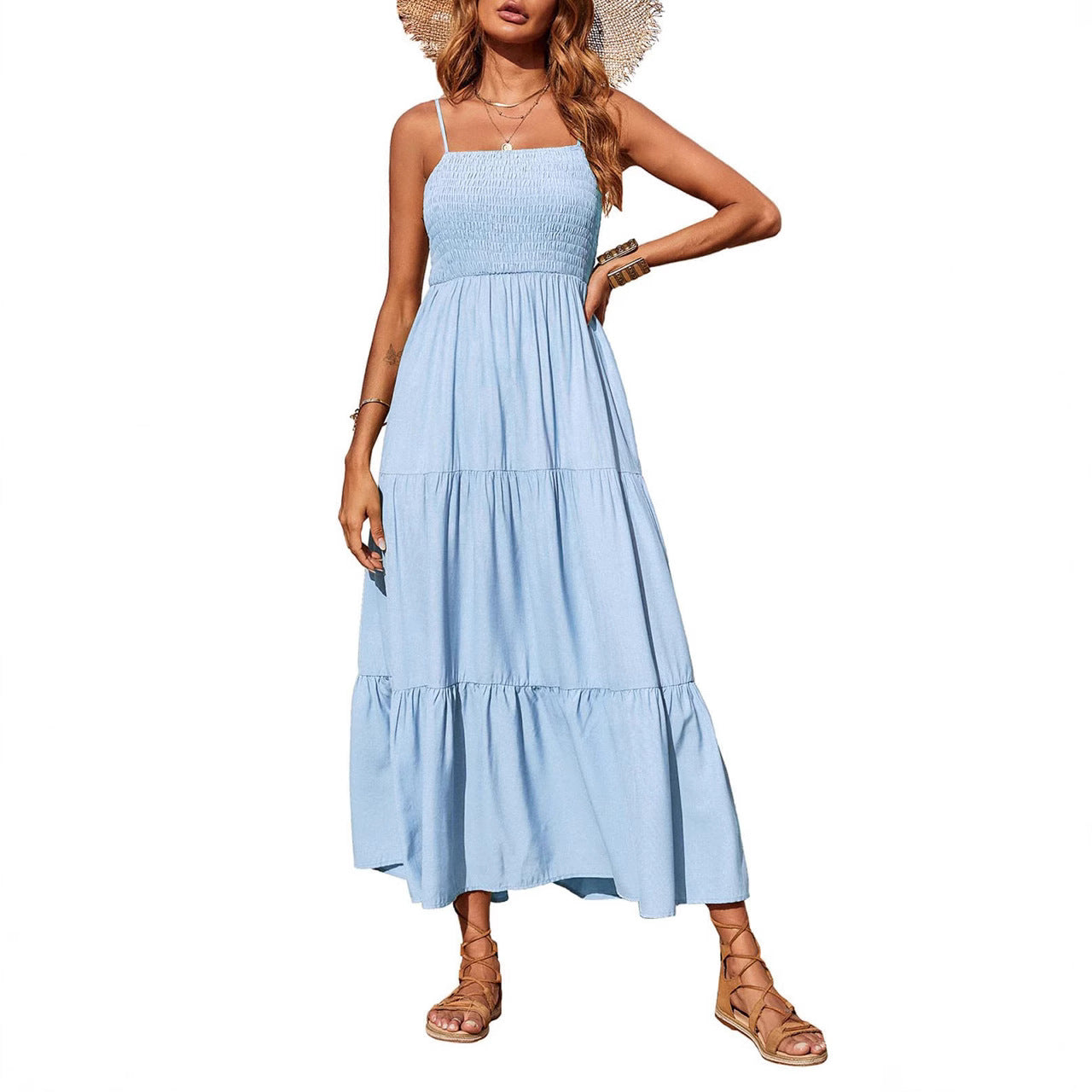 Damen Maxikleid mit verstellbaren Trägern und Rüschen R&B