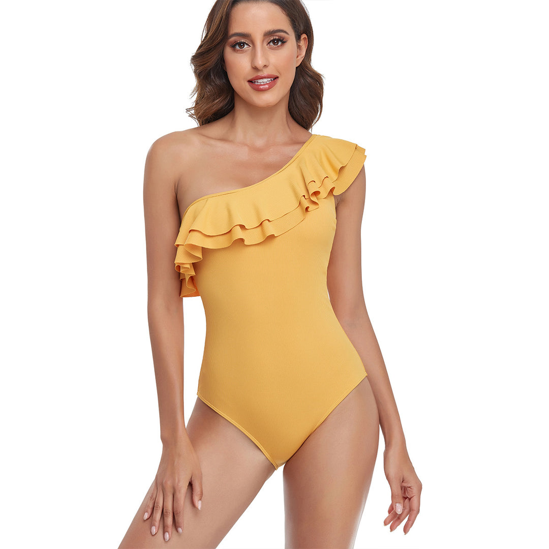 Damen Einteiliger Badeanzug mit asymmetrischem Rüschendesign R&B