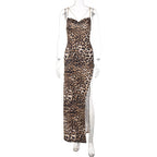 Damen Maxikleid mit verführerischem Leopardenmuster und tiefem Schlitz R&B
