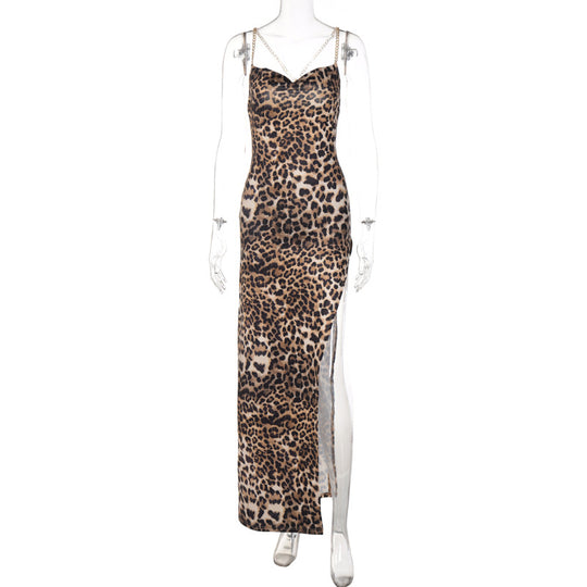 Damen Maxikleid mit verführerischem Leopardenmuster und tiefem Schlitz R&B