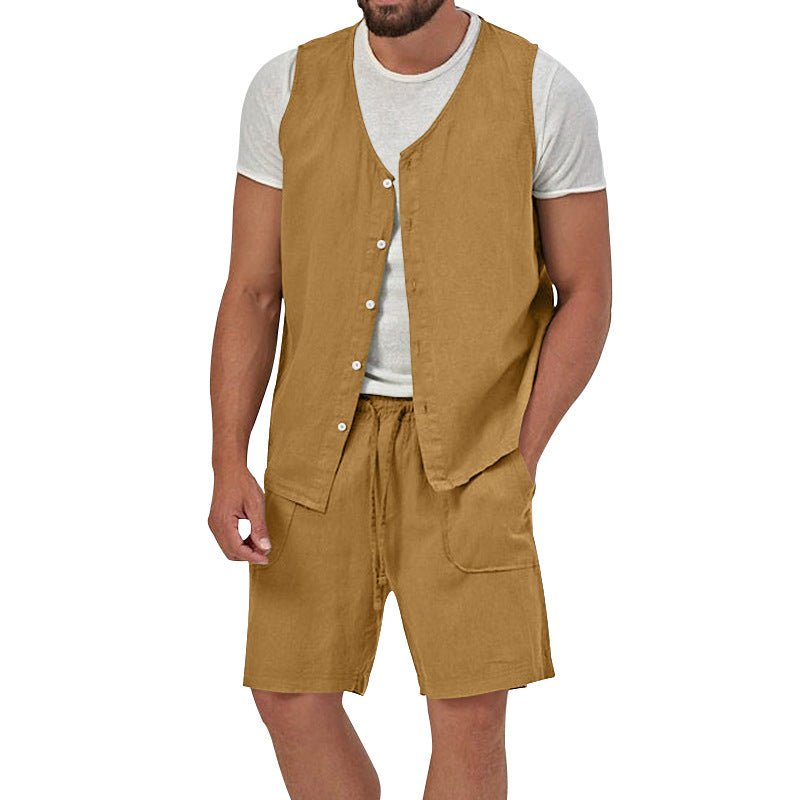 Herren nan zweiteiliges Freizeit-Set mit ärmelloser Knopfweste und weiten Kordelzug-Shorts mit aufgesetzten Taschen R&B