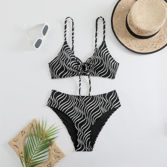 Damen Triangelbikini mit verspieltem Wellenmuster und verstellbarem Oberteil R&B