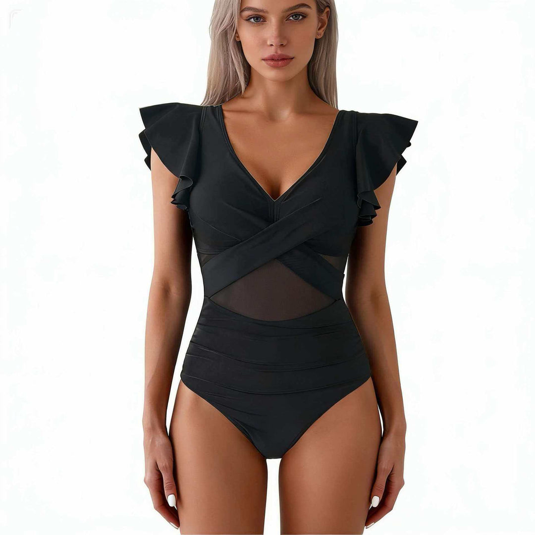Damen Eleganter Badeanzug mit raffinierten Rüschendetails und transparenter Einsätzen R&B