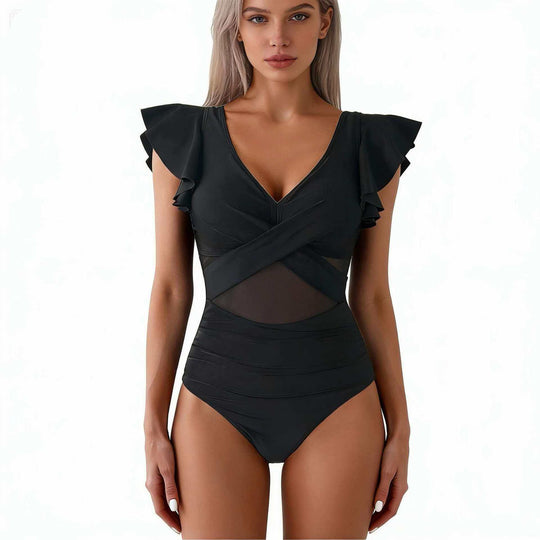 Damen Eleganter Badeanzug mit raffinierten Rüschendetails und transparenter Einsätzen R&B