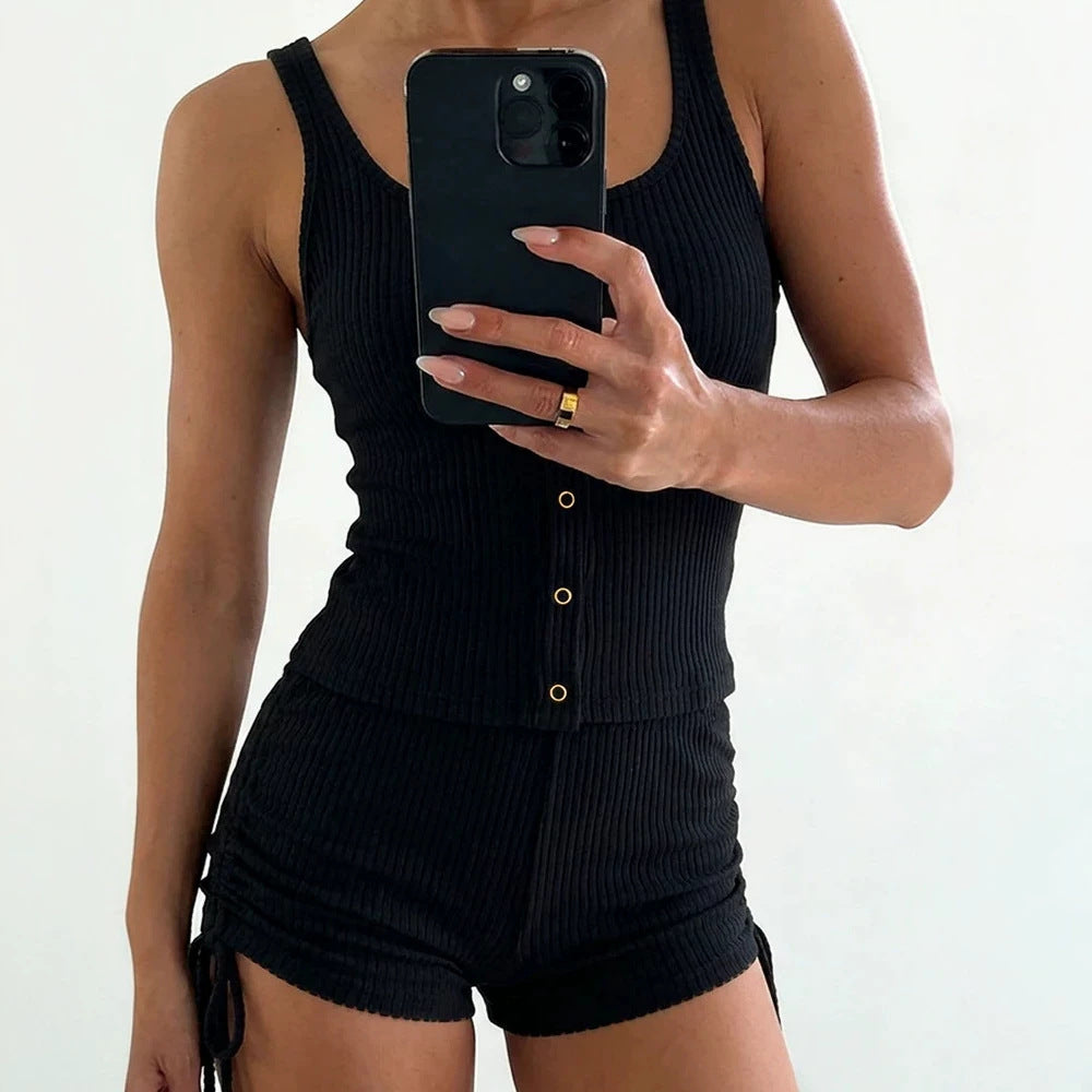 Damen Sportliches Bustier-Shorts-Set mit dekorativen Knöpfen und raffinierten Binde-Details R&B