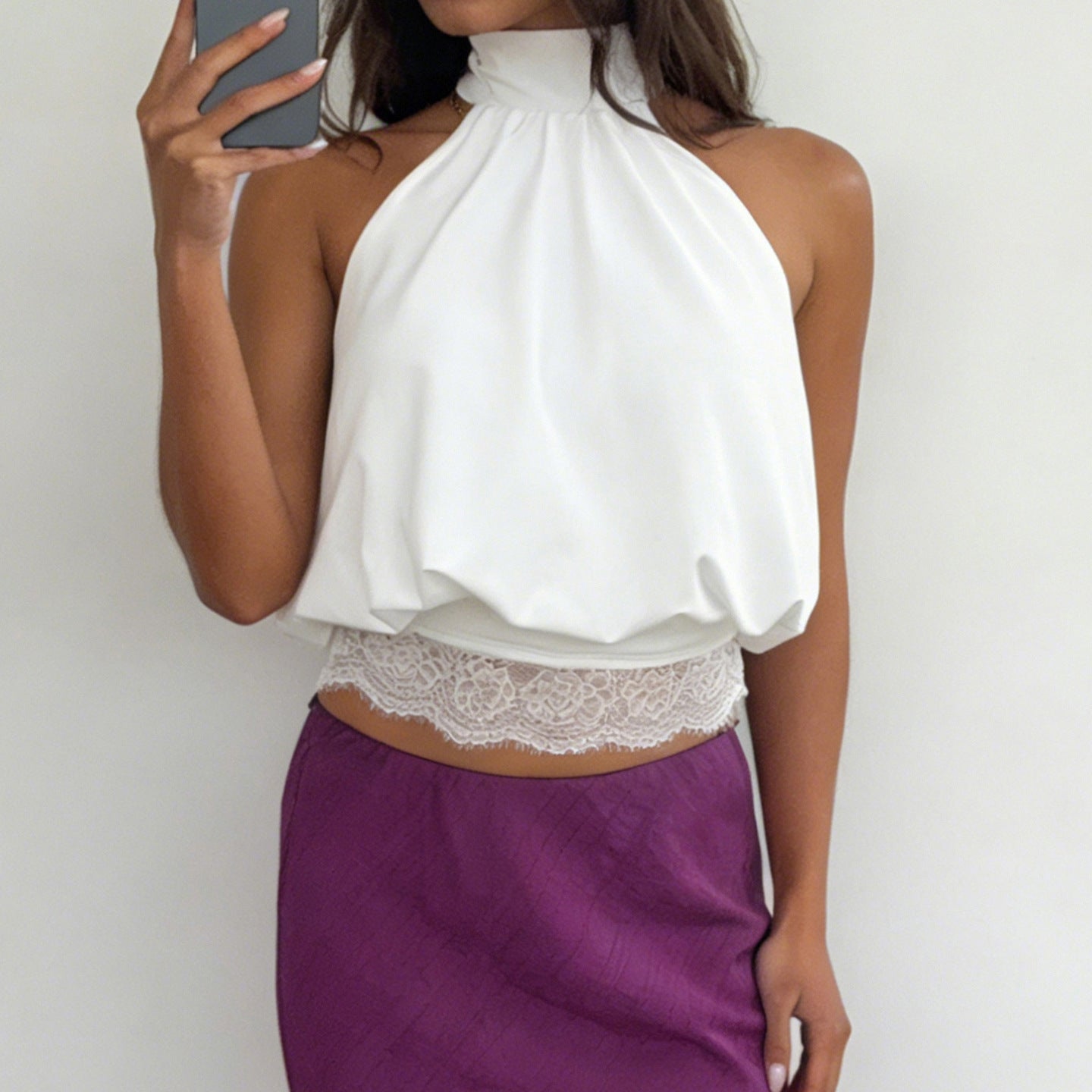 Damen elegantes Spaghetti-Trägertop mit transparentem Spitzenbesatz R&B
