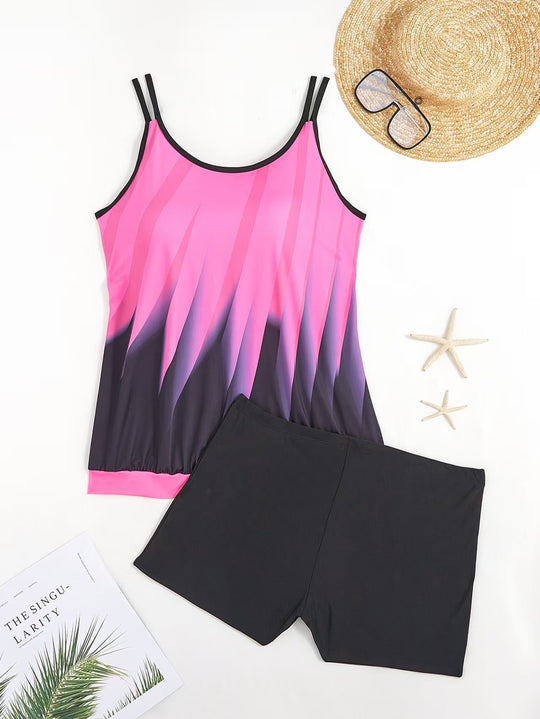 Damen Sportliches Tankini-Set mit farbenfrohem Oberteil und bequemen Shorts R&B