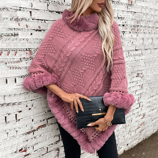 Damen kuscheliger Strickponcho mit samtigem Fellbesatz R&B