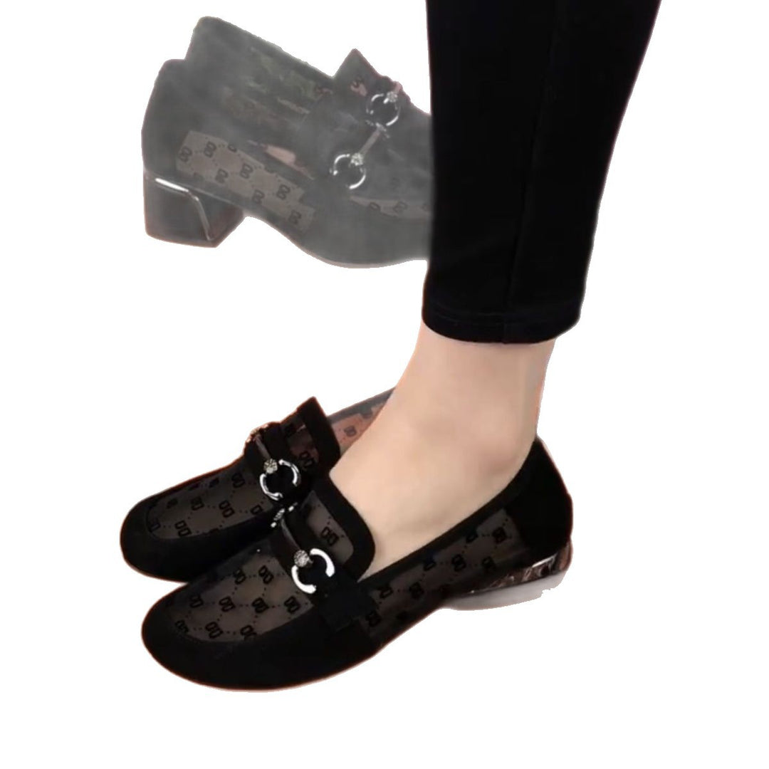 Damen elegante Halbschuhe mit transparenter Spitze und Blockabsatz R&B