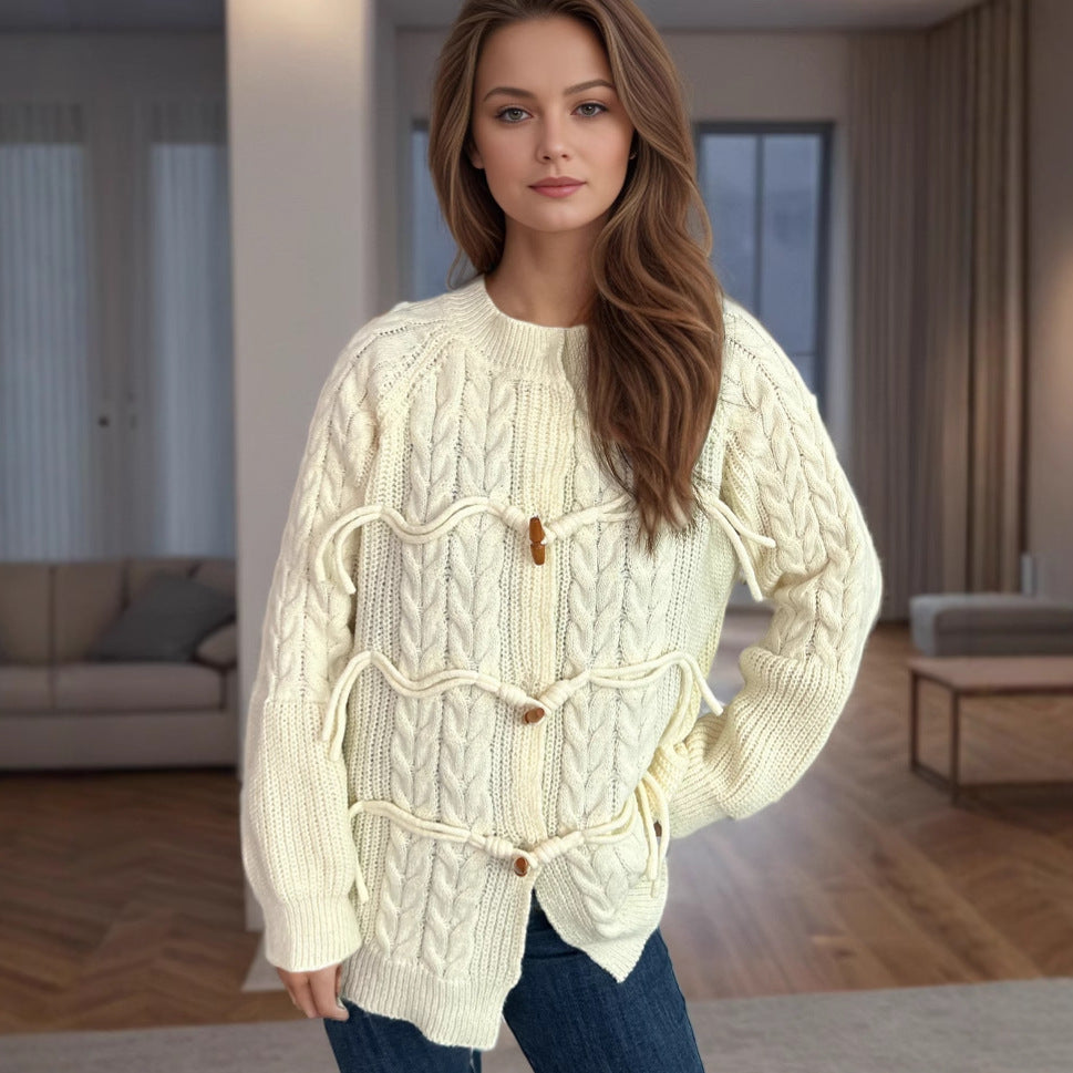 Damen Strickjacke mit innovativem BindR&Band und Knopfdetails R&B