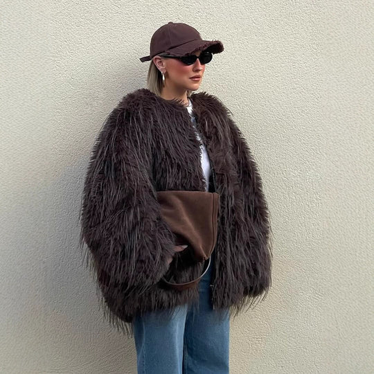 Damen Oversized Kunstpelzjacke R&B