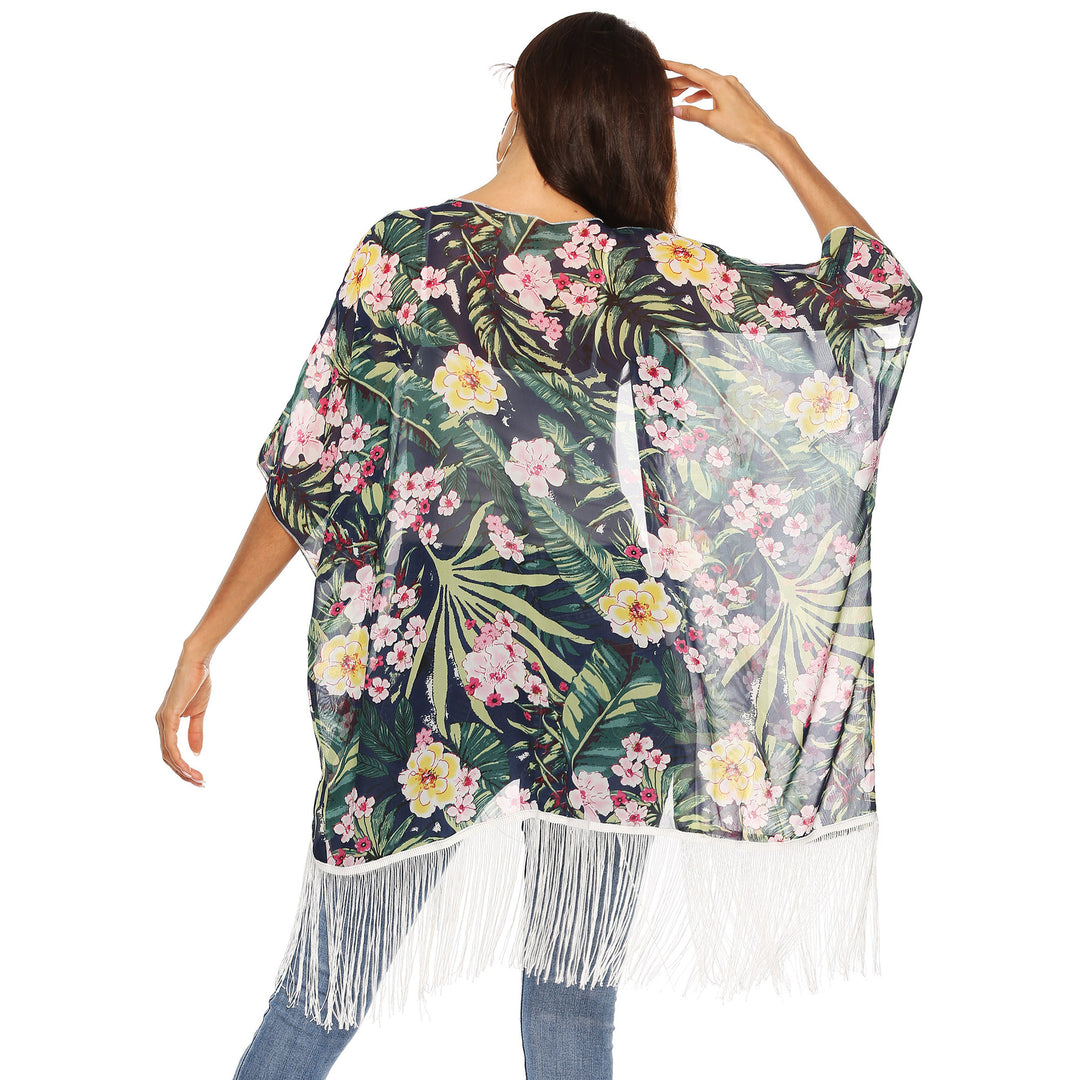 Damen Kimono mit floralem Design und Fransen R&B