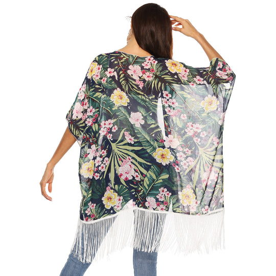 Damen Kimono mit floralem Design und Fransen R&B