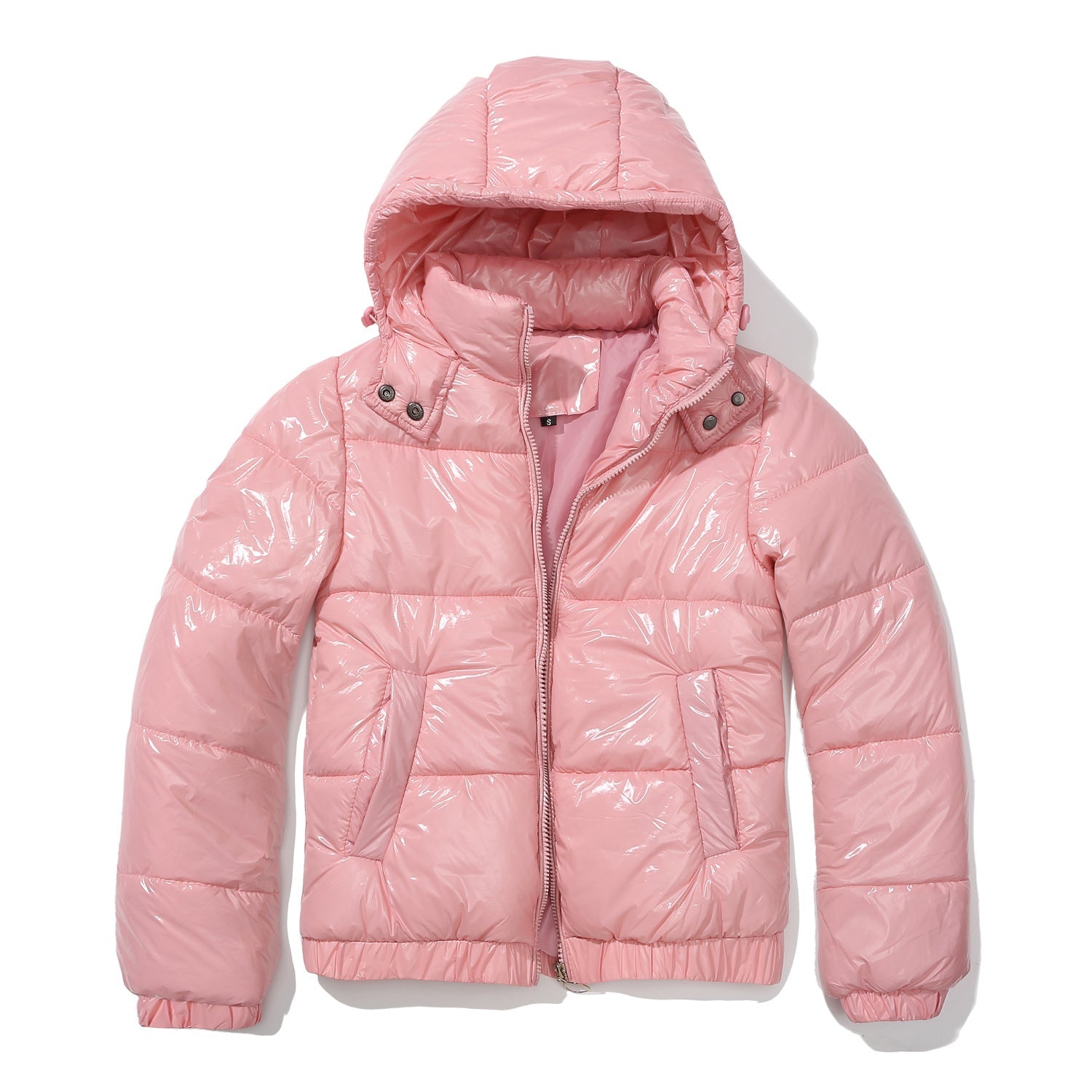 Damen glänzende Steppjacke mit abnehmbarer Kapuze