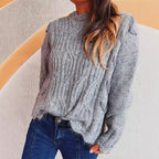 Damen Grobstrickpullover mit romantischem Wellenmuster und volumetrischen Ärmeln R&B