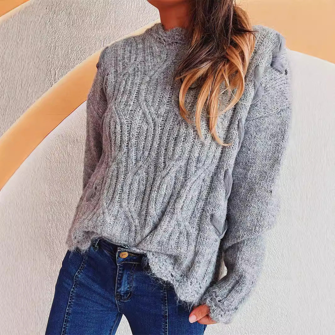 Damen Grobstrickpullover mit romantischem Wellenmuster und volumetrischen Ärmeln R&B