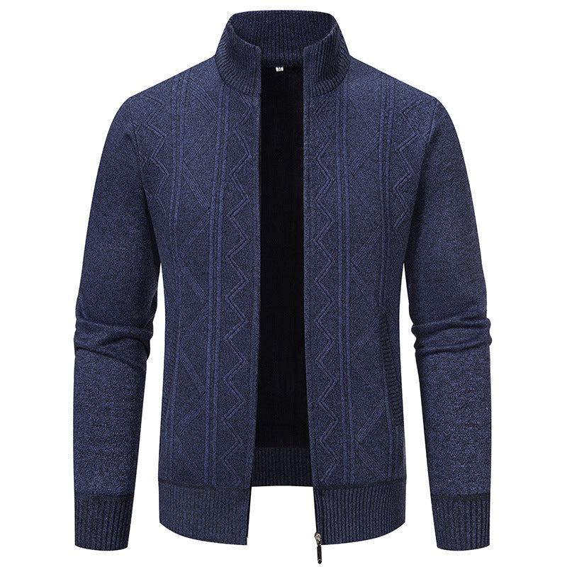Herren elegante Strickjacke mit strukturiertem Zopfmuster und hohem Kragen R&B