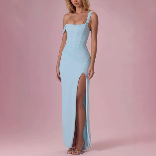 Damen Elegantes Maxikleid mit tiefem Schlitz und Rüschendetails R&B