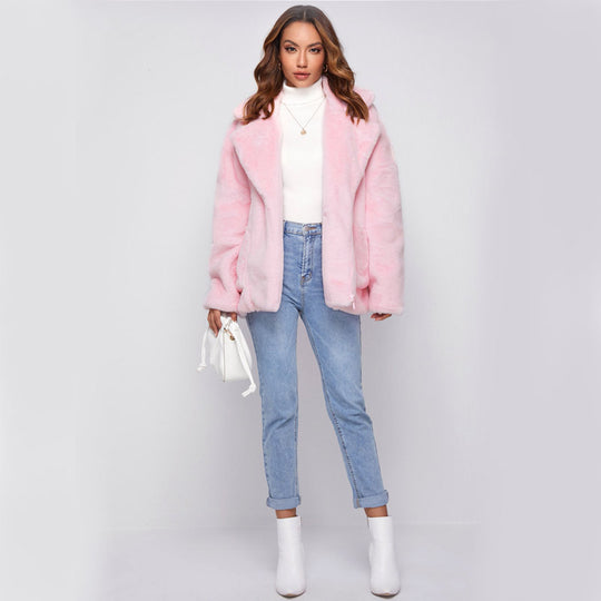 Damen Flauschige und stylische Freizeitjacke mit tiefem Reverskragen R&B