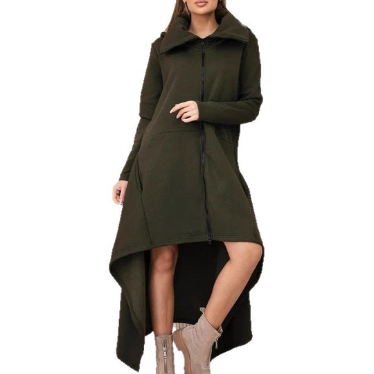 Damen nan asymmetrisches Sweatkleid mit hohem Stehkragen, durchgehendem Reißverschluss und verlängertem Rückensaum R&B
