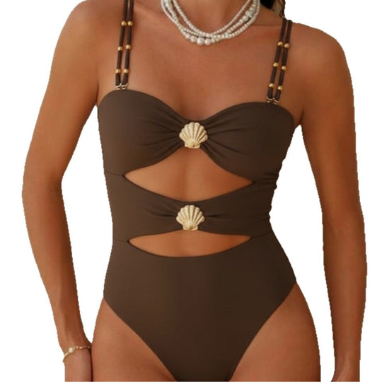 Damen Designer-Badeanzug mit Cut-Out-Details und Muschel-Applikation R&B