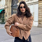 Damen nan taillierter Wildlederoptik Blazer mit Wickelgürtel und gerafften Schultern R&B