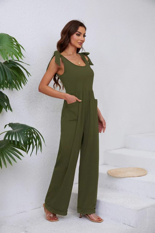 Damen Eleganter Jumpsuit mit verstellbaren Trägern und weitem Bein R&B