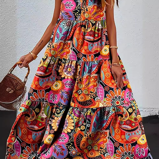 Damen Maxikleid mit buntem Blumenmuster und elegantem V-Ausschnitt Heidi-Mode