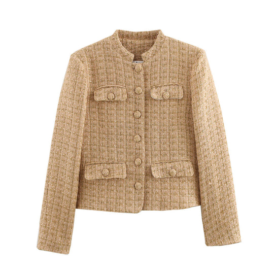Damen elegante Blazerjacke im klassischen Tweed-Stil mit Knopfdetails R&B