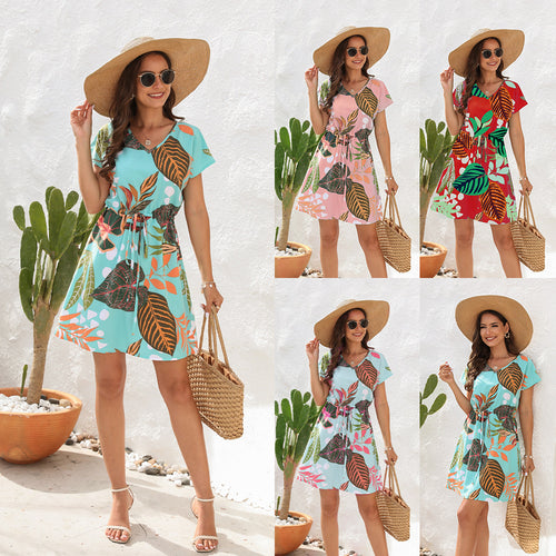 Damen Sommerliches Freizeitkleid mit floralem Muster und Taillengürtel R&B