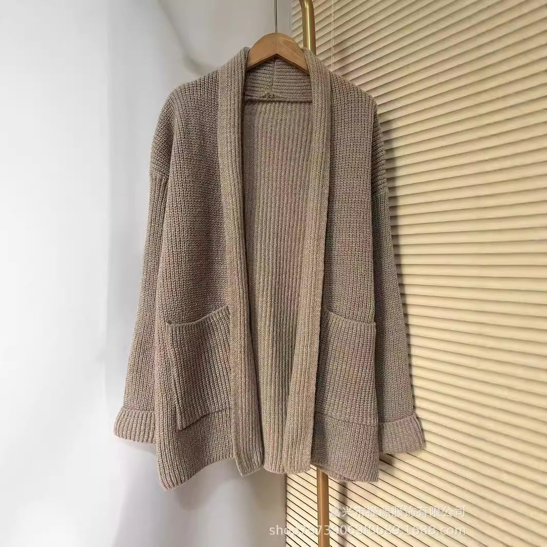 Damen Grobstrick Cardigan mit eleganten Revers und Taillengürtel R&B