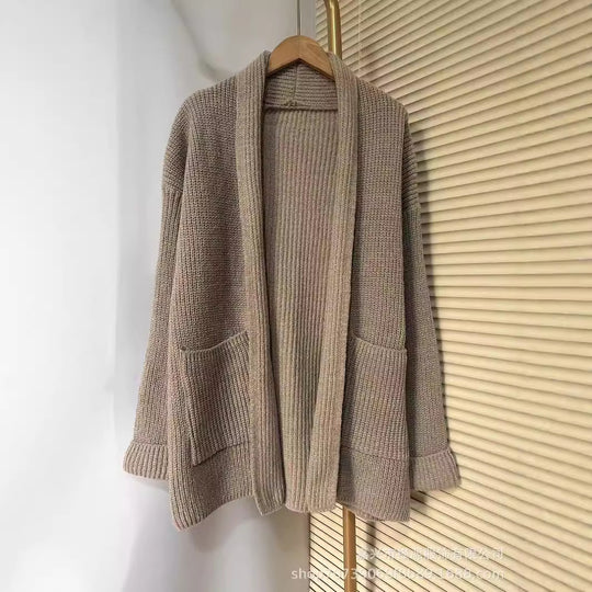 Damen Grobstrick Cardigan mit eleganten Revers und Taillengürtel R&B