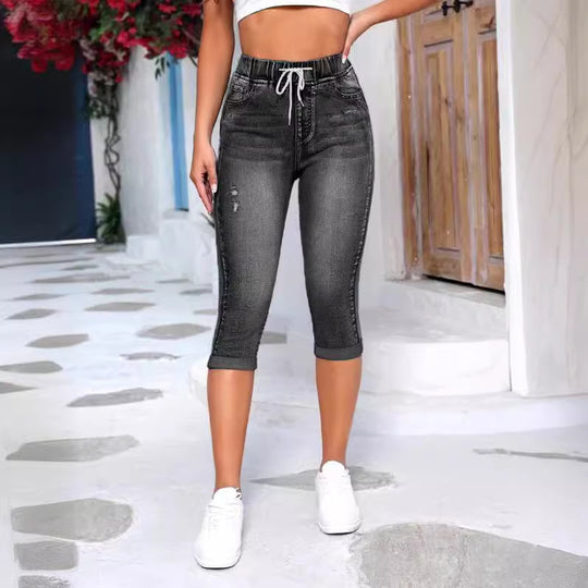 Damen lässige 3/4 Jeansleggings mit elastischem Bund und praktischen Taschen R&B