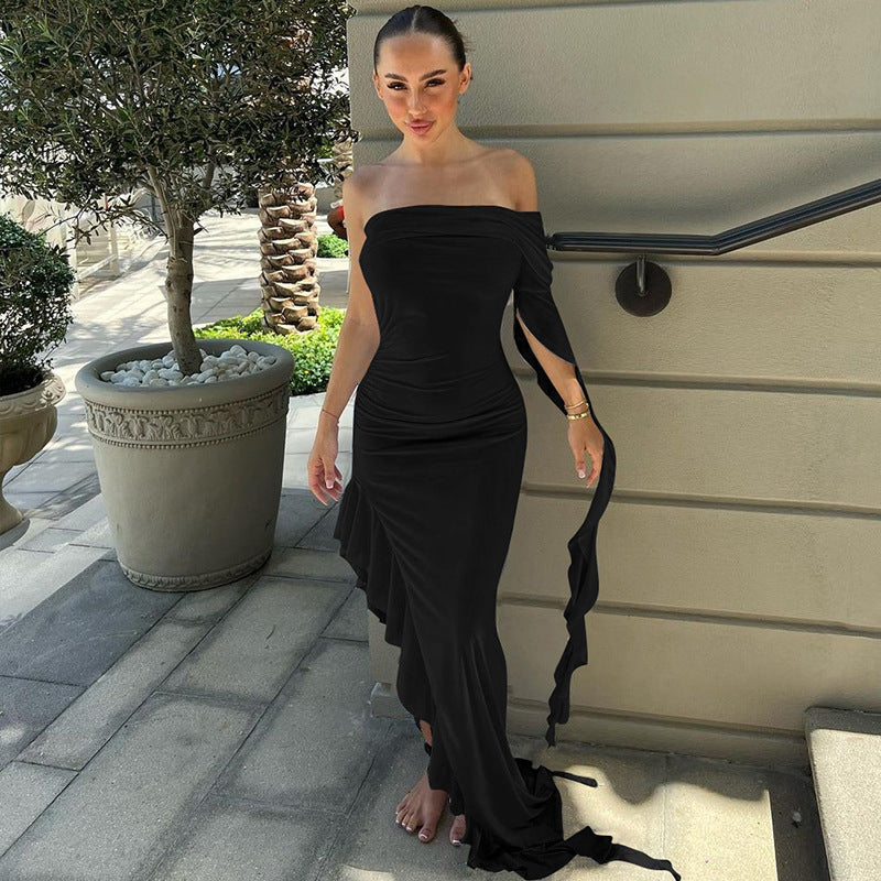 Damen elegantes Wickelkleid mit asymmetrischem Rüschendesign und dekorativem Oberteil R&B
