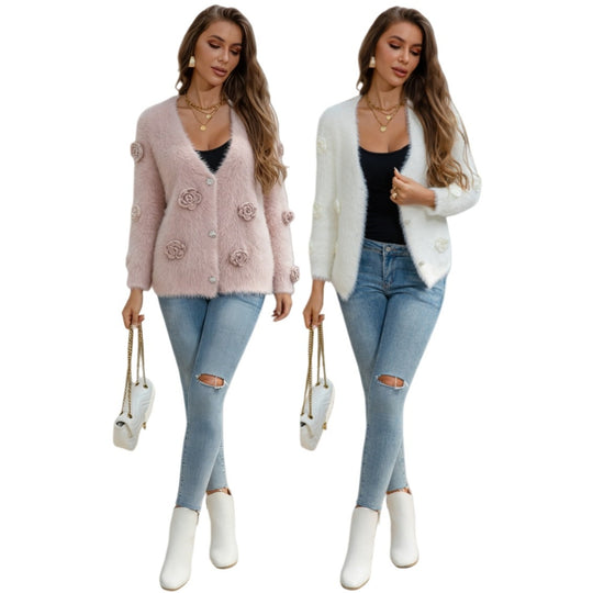 Damen weiche Strickjacke mit floralem Design R&B