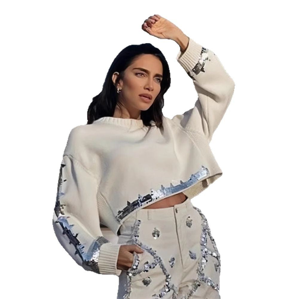 Damen modischer cropped Pullover mit Pailletten R&B
