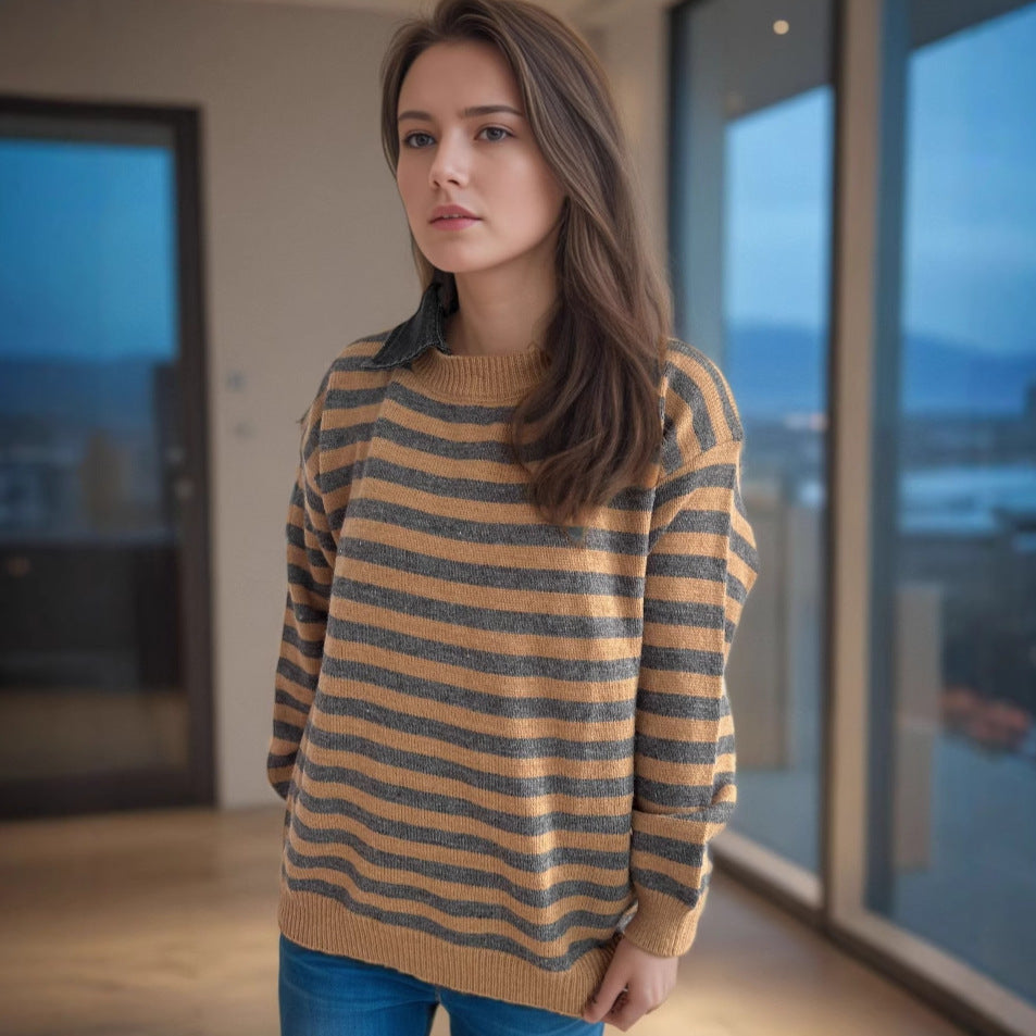 Damen lässiger Pullover mit strukturellem Streifenmuster und modischem Kragen R&B