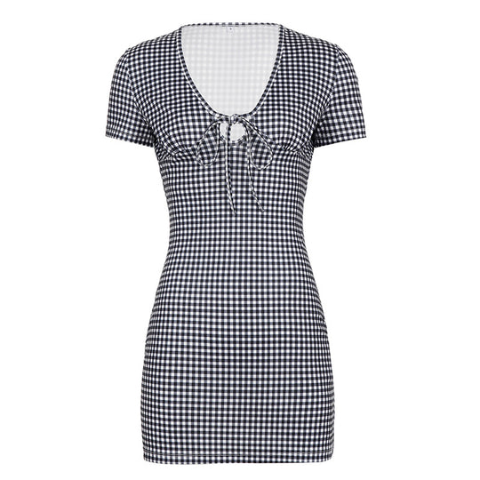 Damen Gingham Kleid mit tiefem V-Ausschnitt und Raffung R&B