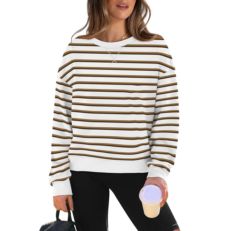 Damen lässiger Sweatshirt mit modernem Streifenmuster und Rundhalsausschnitt R&B