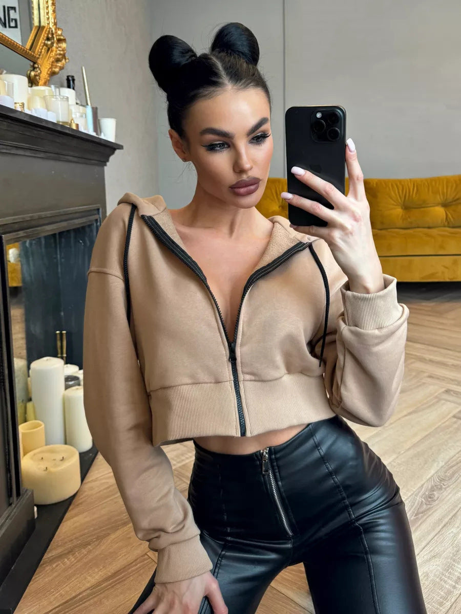 Damen Cropped Hoodie mit Reißverschluss und lässigem Schnitt R&B