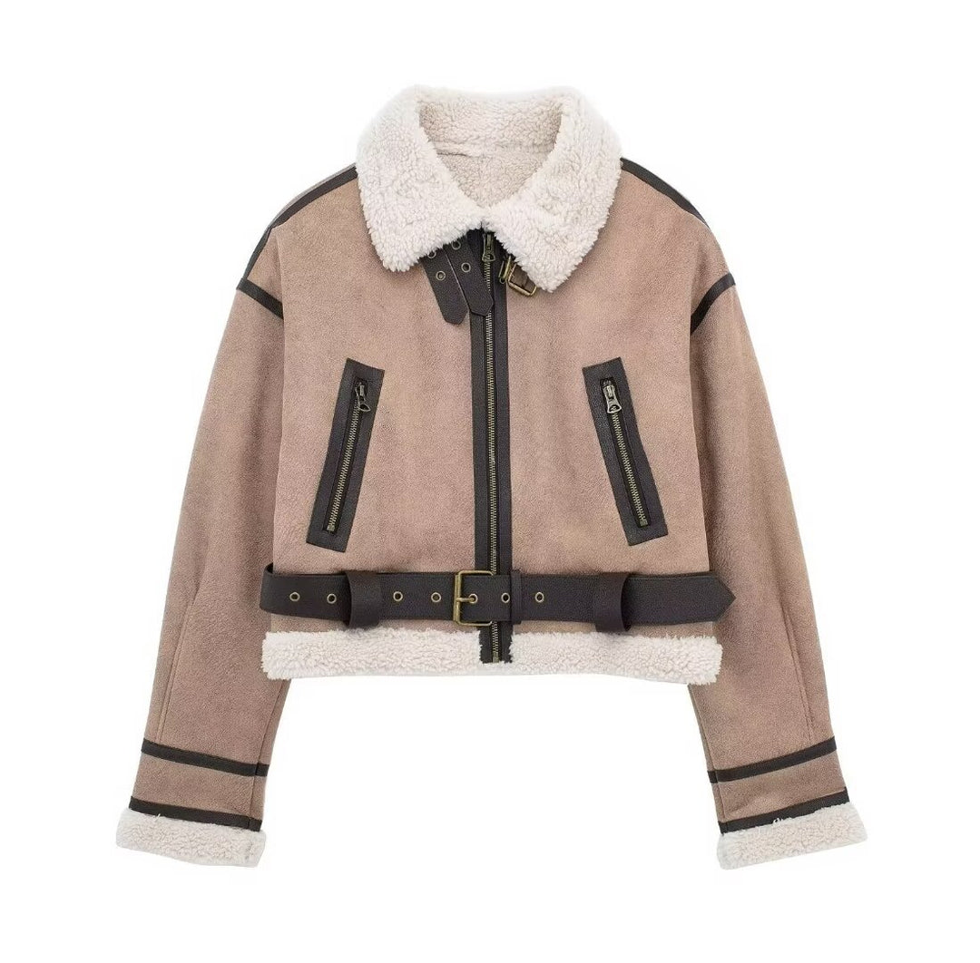 Damen modische Kurzjacke mit Schurwollkragen und Reißverschlusstaschen R&B