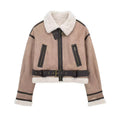 Damen modische Kurzjacke mit Schurwollkragen und Reißverschlusstaschen
