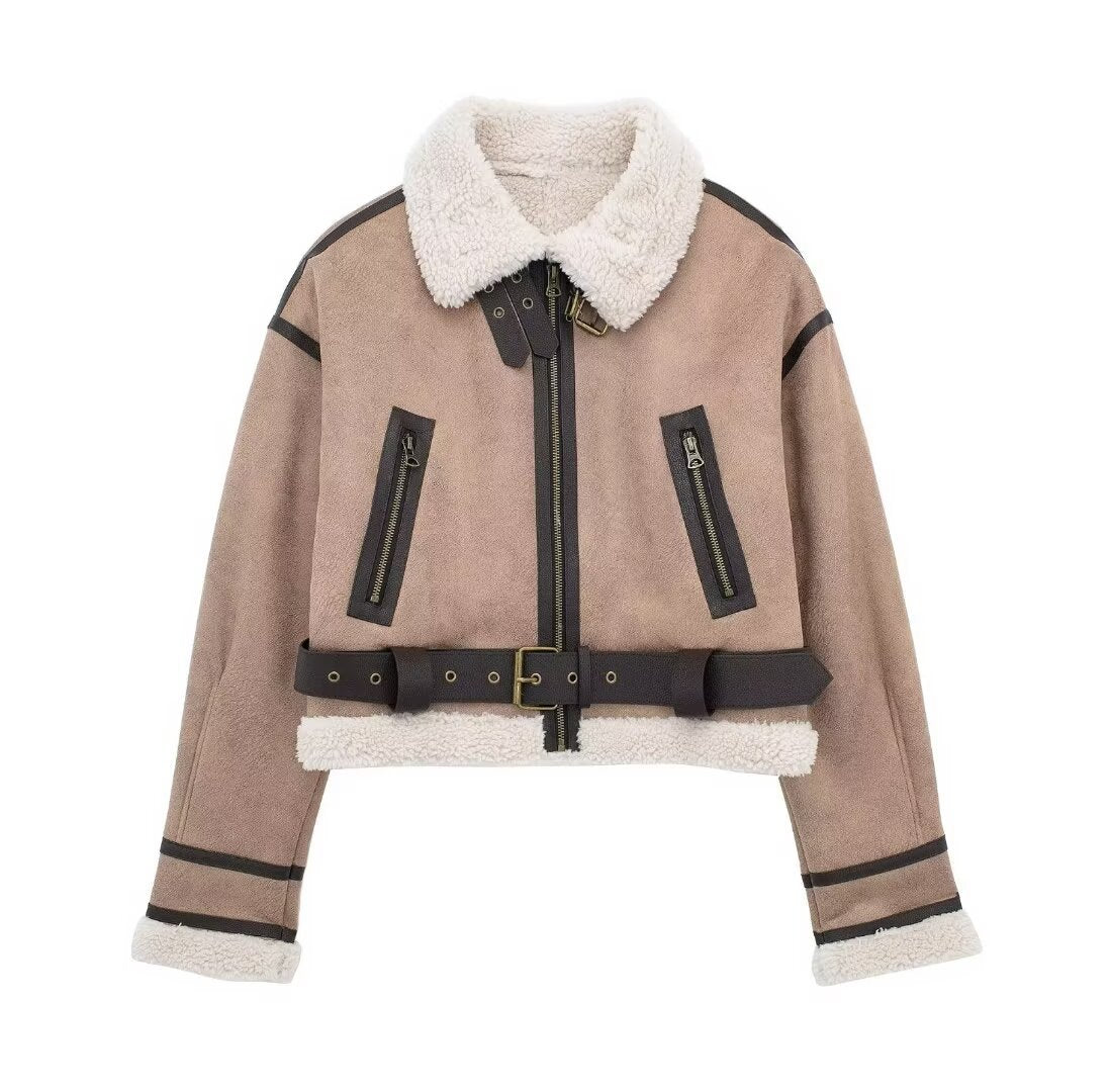 Damen modische Kurzjacke mit Schurwollkragen und Reißverschlusstaschen