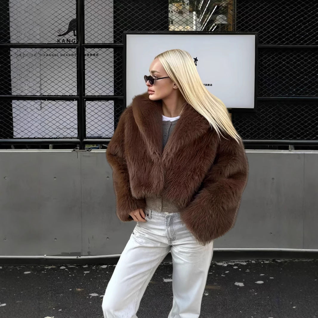 Damen Luxuriöse Kunstpelzjacke mit voluminösen Ärmeln und elegantem Schnitt R&B