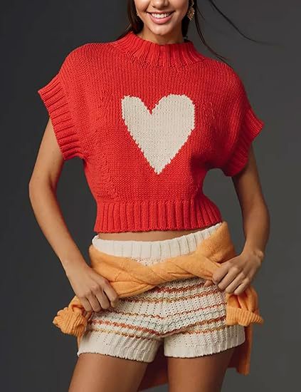 Damen Pullover mit Herzmotiv und kurzem Schnitt R&B