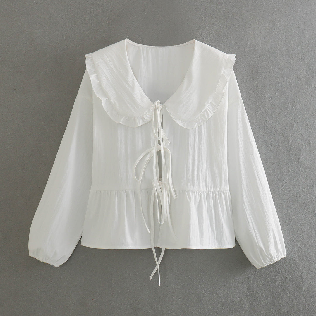 Damen trendiges Blusenshirt mit Rüschenkragen und Kordelzug R&B