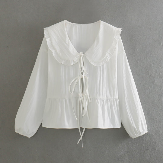 Damen trendiges Blusenshirt mit Rüschenkragen und Kordelzug R&B